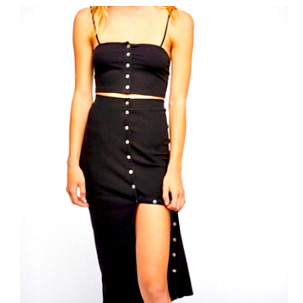 Free People Beach Black Ribbed Button Down 2 Piece Set